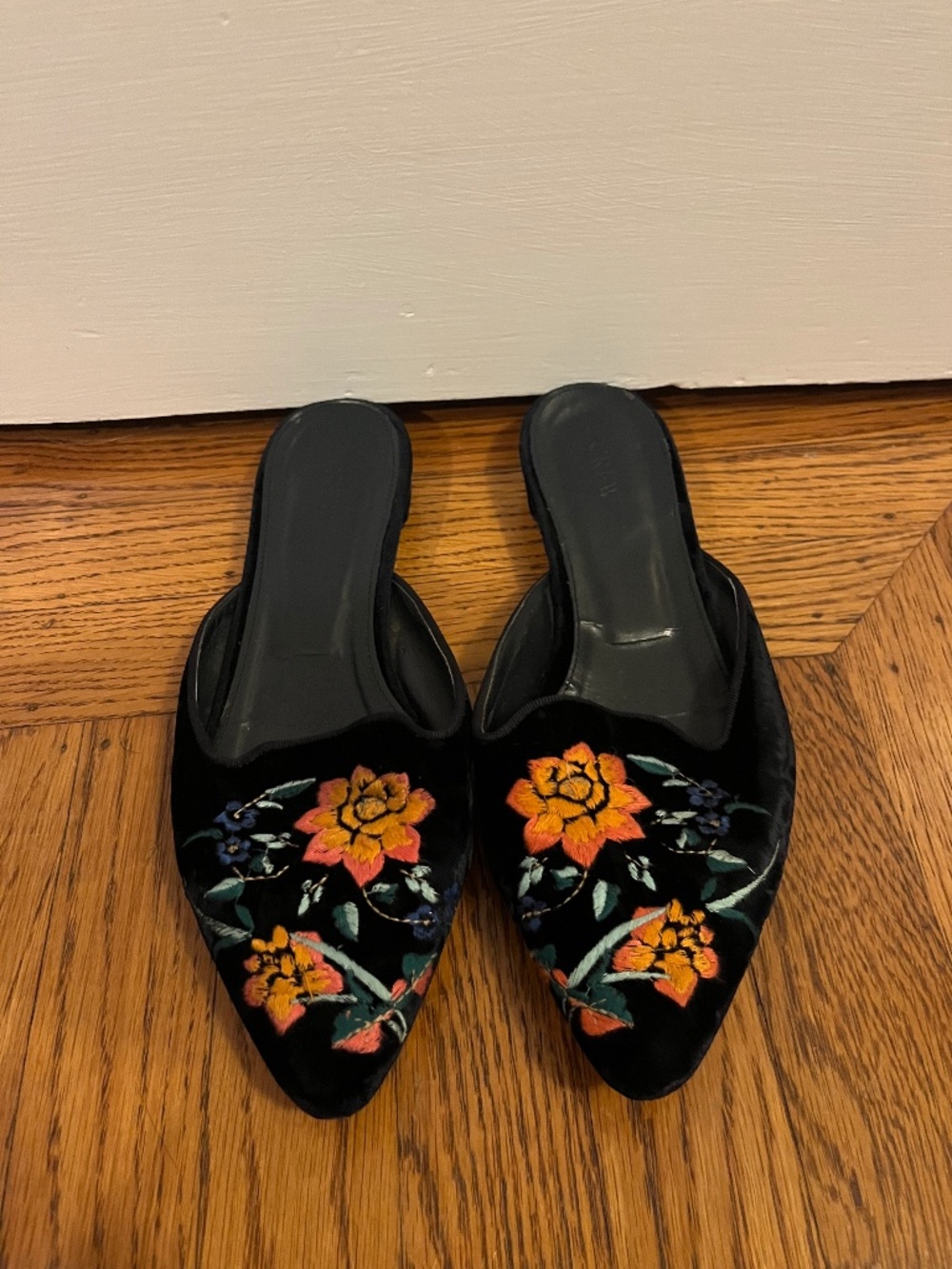 Floral Embroidered Blue Velvet J-Crew Mules, Size 9